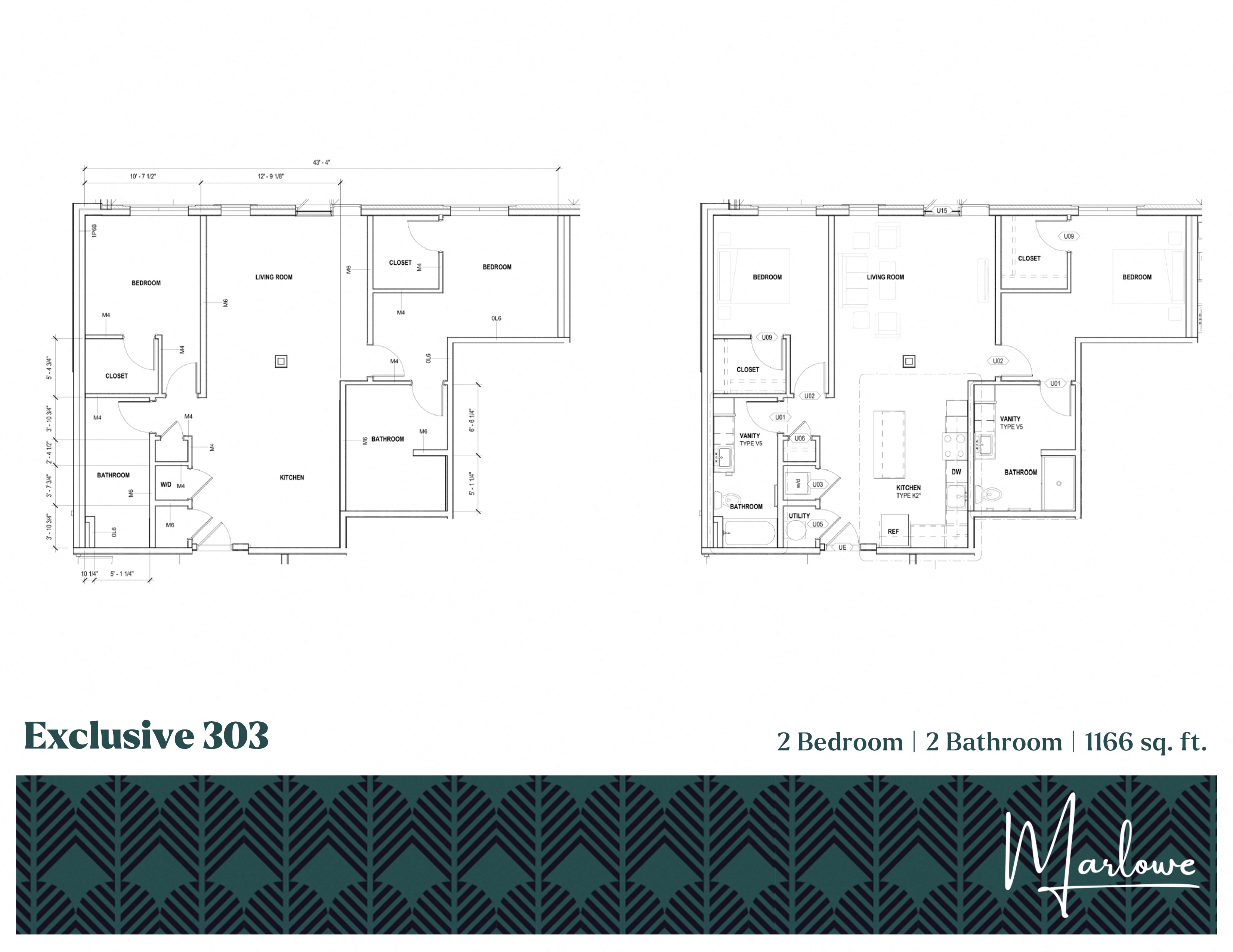 Floor plan for 2 beds, 2 baths, 1166 sqft